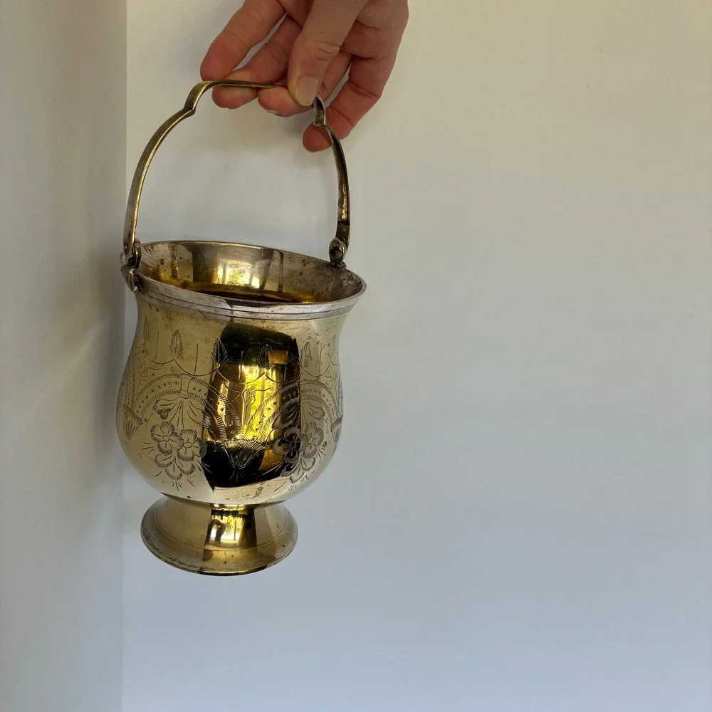 Vtg SilverPlated Brass Etched Floral Ice Bucket Hollywood Regency Grandmillenial